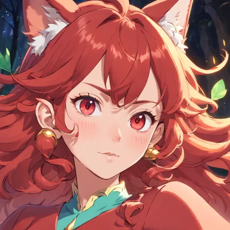 Surreal beautiful crazy elf, curly red hair, face detailed, pointy cat ears,  pointy nose, very big tits, HD, 8k