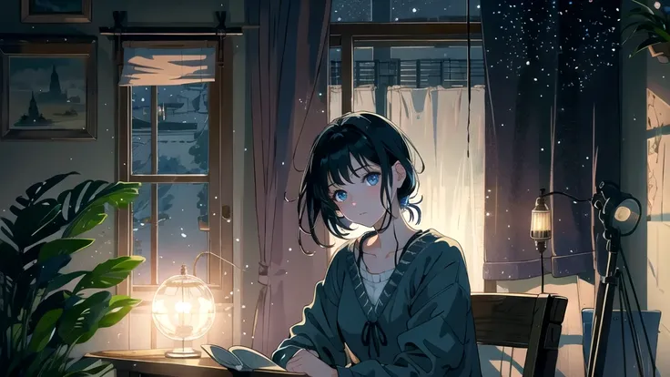 Create an illustration of a girl with black hair and blue eyes, sitting in a chair in front of a desk, Sentimental, Introspective look。, The moonlight gently shines into the room, Gently illuminate the space, Curtains sway in the wind, Increase tranquility...