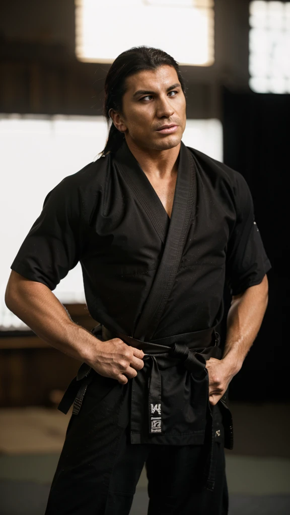 a muscular man, black belt jiu-jitsu fighter, wearing a black kimono, dramatic lighting, detailed face and body, powerful pose, action scene, cinematic, high contrast, moody lighting, dramatic shadows, realistic, photorealistic, 8k, best quality, masterpie...