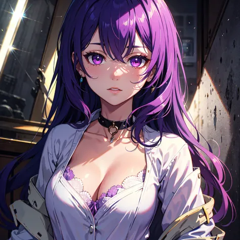 A high resolution，HighestQuali，illustratio，ultra details，（Detailed face），（Detailed eyes），cinmatic lighting，best quailty，ultra details，tmasterpiece，Fine lines，1girlhugebreasts，solo，purple color  hair，Purple eye，White coat，Pink shirt，jewelry，choker necklace，...