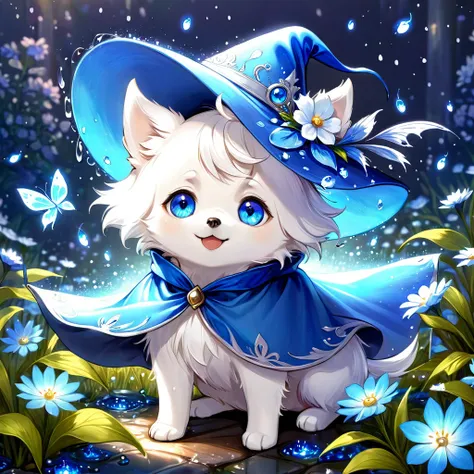 absurdres, highres, ultra detailed, hdr, master piece, small dog, white dog, expressive blue eyes, magical hat, cute, best quali...