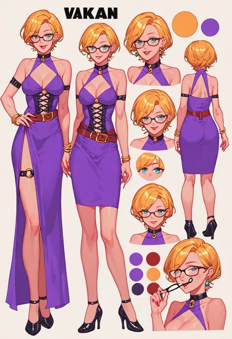 score_9, score_8_up, score_7_up, score_6_up, score_5_up, score_4_up, BREAK source_anime, 1girl, short blonde hair, thin rimmed glasses, witch, purple dress Creative design, full body, Reference sheet, Character sheet