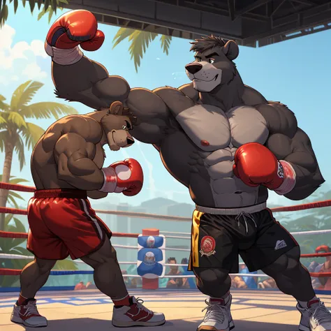 baloo's training for the boxing championship, dark fur, thick arm, huge arm, dark hair, muscular, pectoral, wide pectoral, reali...