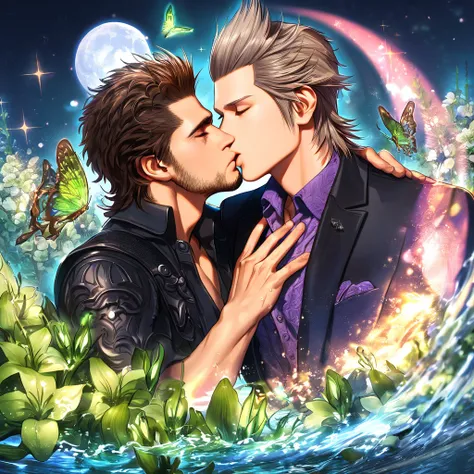 absurdres, highres, ultra detailed, HDR, master piece, best quality, extremely detailed, Ignis Scientia, brown hair, slicked up hair, closed eyes, Final Fantasy XV, Gladiolus Amicitia, brown hair, closed eyes, two sexy men kissing, gay couple, yaoi, handso...