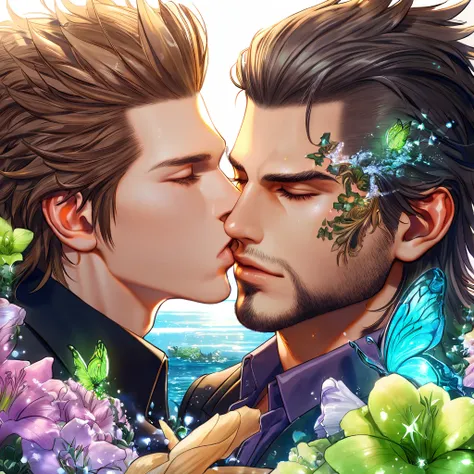 absurdres, highres, ultra detailed, HDR, master piece, best quality, extremely detailed, Ignis Scientia, brown hair, slicked up hair, closed eyes, Final Fantasy XV, Gladiolus Amicitia, brown hair, closed eyes, two sexy men kissing, gay couple, yaoi, handso...