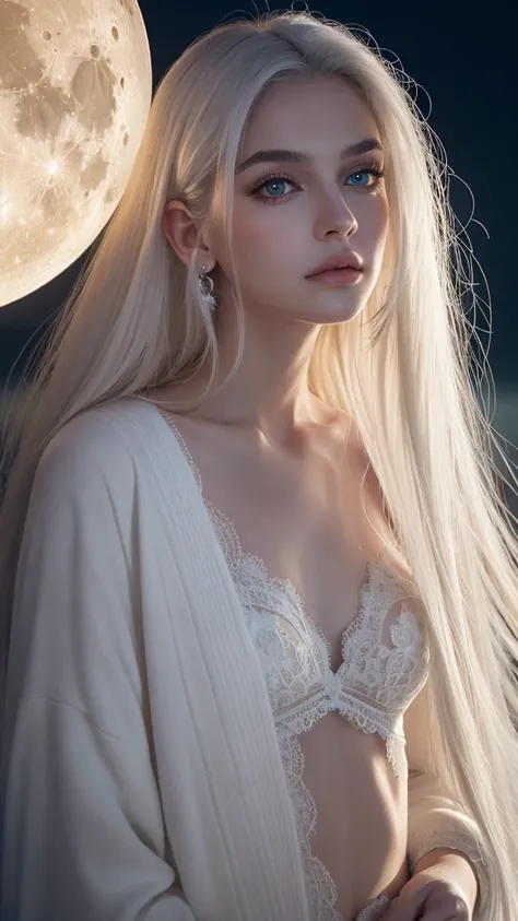 masterpiece, Highest quality, (alone focus), (Perfect Face:1.1), (High detail:1.1), (Ultra-detailed eyes), dramatic, 1 person, (Pale skin), Long white hair, Psychic Eyes, (Thin eyebrows), alone, Long Hair, Tiago Azevedo, moon, night, White luxury suit, Pou...