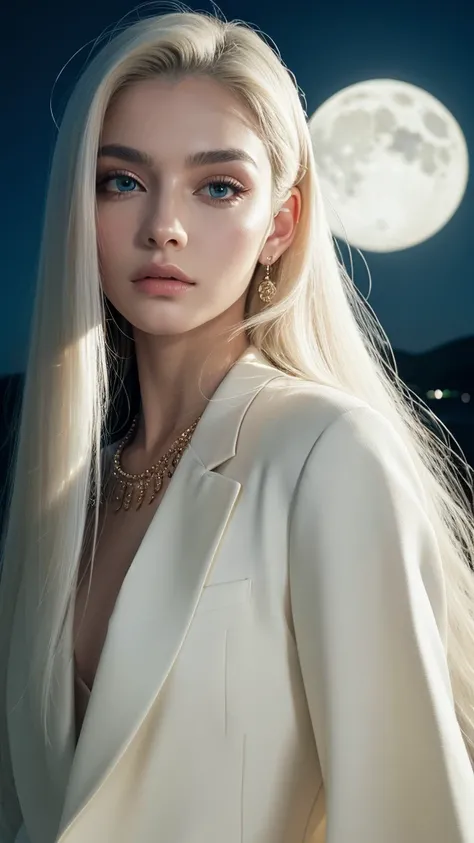 masterpiece, Highest quality, (alone focus), (Perfect Face:1.1), (High detail:1.1), (Ultra-detailed eyes), dramatic, 1 person, (Pale skin), Long white hair, Psychic Eyes, (Thin eyebrows), alone, Long Hair, Tiago Azevedo, moon, night, White luxury suit, Pou...