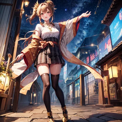 Red, brown, gold, gold hair、Golden Eyes、Hair tied up、One good looking girl、solo、anime、Checkered mini skirt、Ruffles on the skirt、Checked dress、blouse、Kimono、Black knee-high socks、Ribbon、Ribbon on waist、Teeth are visible、Sparkly Necklace、From above、Cobblesto...