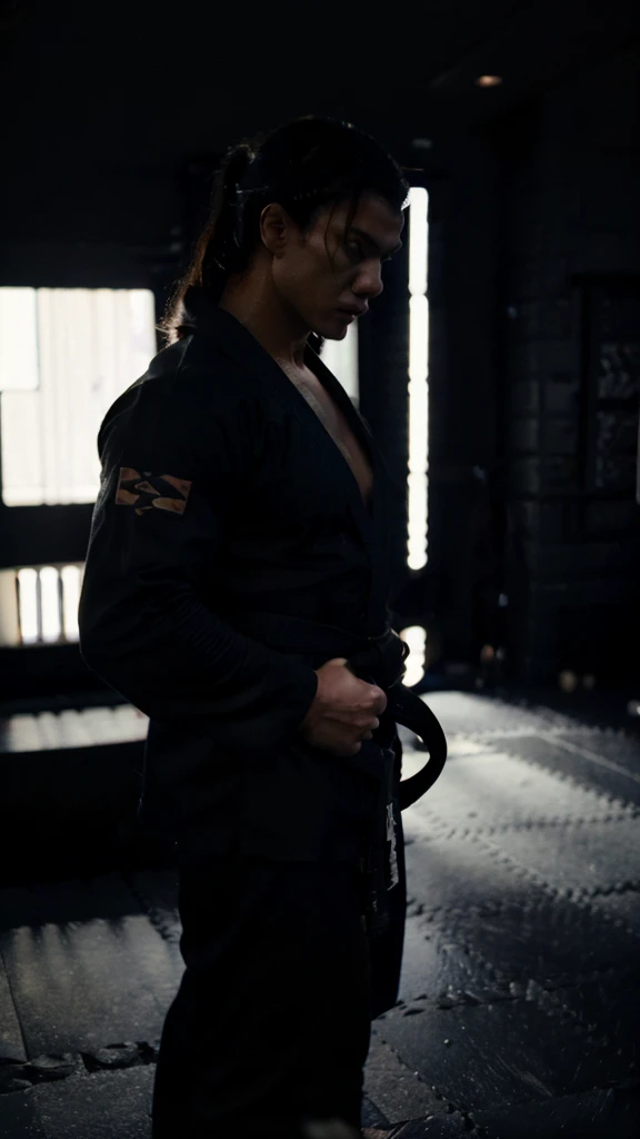 a muscular man, black belt jiu-jitsu fighter, wearing a black kimono, dramatic lighting, detailed face and body, powerful pose, action scene, cinematic, high contrast, moody lighting, dramatic shadows, realistic, photorealistic, 8k, best quality, masterpie...