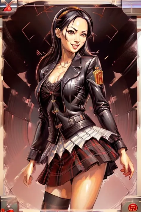 (rule of thirds:1.4),((hyper-realistic illustration:1.4)). Pretty 27 yo Chinese woman, Short, beautiful figure, cute butt. (smile), Jacket, blouse, ruffle skirt, fishnets, high heels. Masterpiece, best quality,(highly detailed:1.2),(detailed face and eyes:...