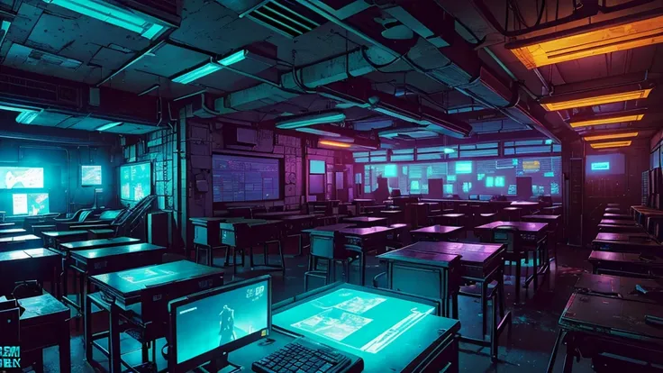 comic book style, no human, classroom cyberpunk style, abandoned classroom, high-tech computers, neon lights, glowing consoles, holographic displays, futuristic technology, detailed machinery, atmospheric lighting, gritty textures, moody colors, cinematic ...