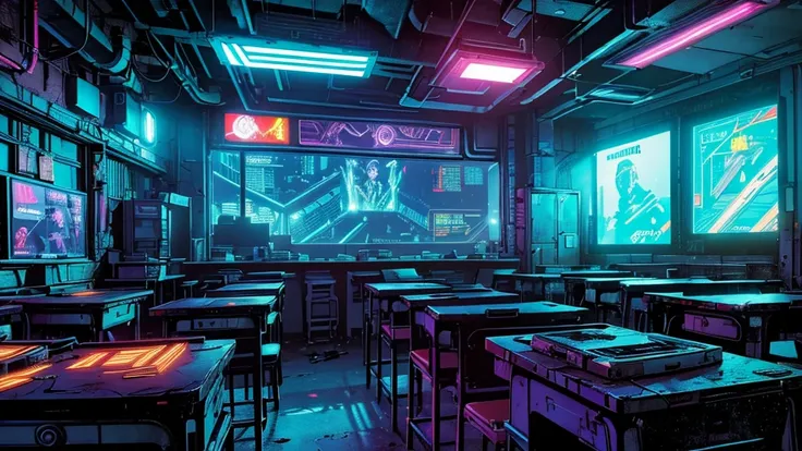 comic book style, no human, classroom cyberpunk style, abandoned classroom, high-tech computers, neon lights, glowing consoles, ...