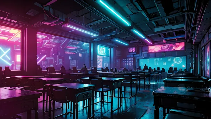 comic book style, no human, classroom cyberpunk style, abandoned classroom, high-tech computers, neon lights, glowing consoles, ...