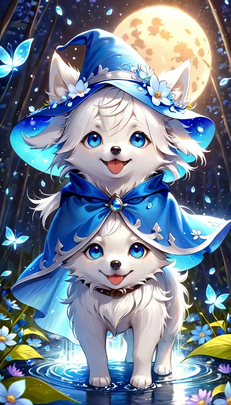 absurdres, highres, ultra detailed, HDR, master piece, small dog, white dog, expressive blue eyes, magical hat, cute, best quality, blue moon, flowers, fantasy, magical, solo, water, blue shining fireflies, blue petals, cape, the word "Krozseria" is writte...