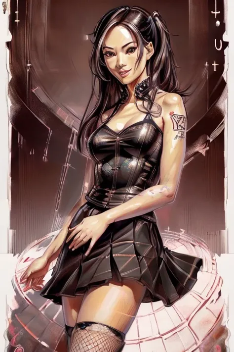 (rule of thirds:1.4),((hyper-realistic illustration:1.4)). Pretty 27 yo Chinese woman, Short, beautiful figure, cute butt. (smile), Jacket, blouse, ruffle skirt, fishnets, high heels. Masterpiece, best quality,(highly detailed:1.2),(detailed face and eyes:...