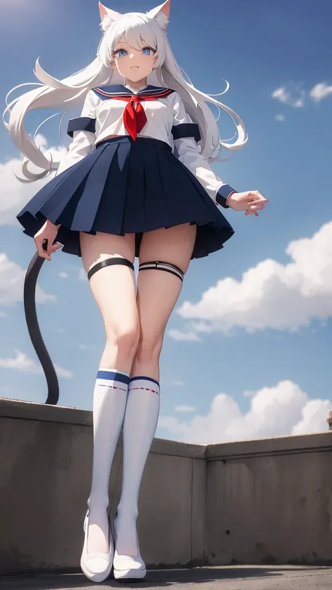 (NSFW:1), ((masterpiece, best quality)),a girl, solo, skirt, sky, sitting, thigh high socks, serafuku, cloud,outdoors ,day, bangs, shirt, ahoge, long hair, white thigh high socks,long hair, long straight hair, long white hair, white hair, white sailor coll...