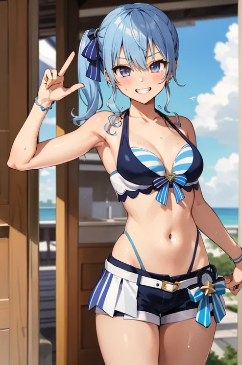 1girl, solo, detailed face, SuiseiSummer, side ponytail, hololive summer 2023 swimsuit, layered bikini, blue bikini, striped bikini, bikini shorts,indoor,grin,peace pose,(((Gyaru)))