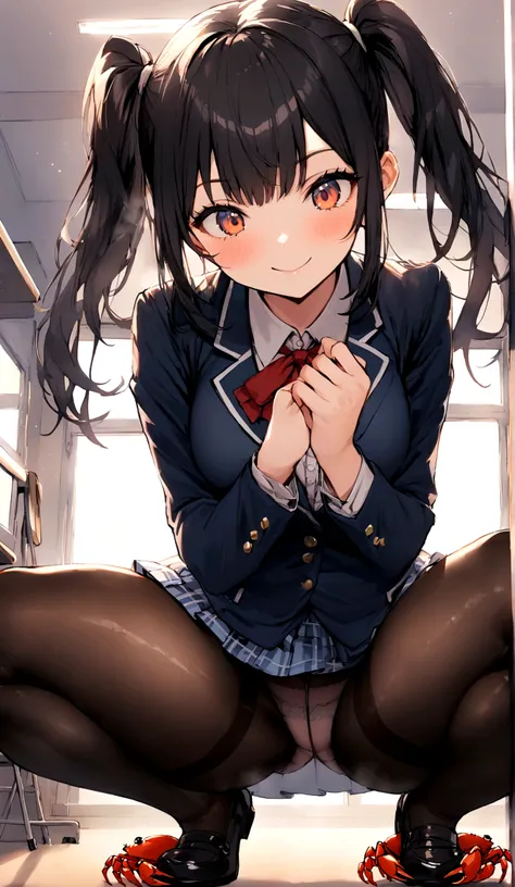 One girl in a mini skirt, Squatting with a crab crotch、Looking down at the viewer, Twin tails, Highest quality, Focus on the thighs, Dynamic pose, smile, blazer, blouse, Black Pantyhose, panties under pantyhose, , classroom, Black Hair,My thighs are steami...