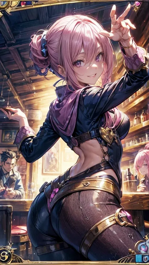 (1 Mature Alchemist,Age 35), ((Pub,guild)),(smile),Dynamic pose,Dynamic Angle,Pose for a photo,From below,Elderly woman、Trading Card Game Frames、Highest Rare、Five Fingers、Signature mark、Big Butt、Pink Hair、Alchemist