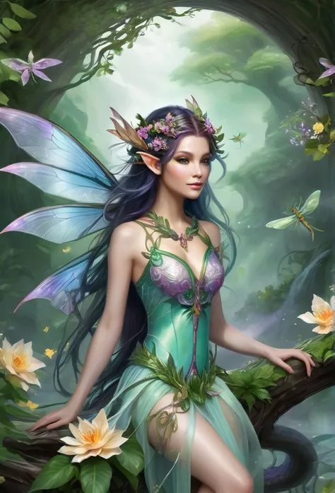 faerie,(full body),elf ears,dragonfly wings, ,hair decorated with flowers, Branches and Leaves, shes ridin on a beautiful dragon,around a scene of magic,,a bit of mist(high qualiy),(refined details),(work of art)