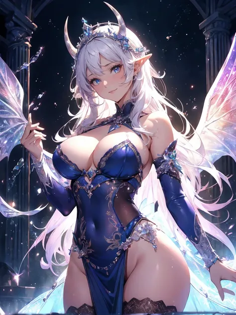 最high quality、1 woman elf、Succubus、(( cowboy shot ))((full  body stocking))((see-through body stocking))、beautiful瞳、tears、beautiful装飾、、Ice tiara、、A world made of ice、最high quality , fractal art.Ice Throne、ice World、bikini、beautiful大きなお尻、　((Laugh beautifull...