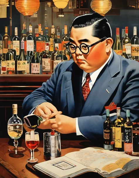 Highest quality、masterpiece、Japanese posters from the 1930s、Realistic、profile,Retro Image、A slightly chubby Japanese man、suit、Round Glasses、Drinking wine at the bar、Sad look、night、It&#39;s raining outside the bar window