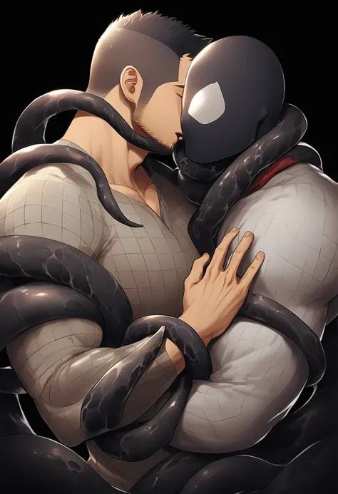 anime characters：priapus, He was kissed by black venom, He is wrapped in black tentacles, bundle, Wrapped in mucus, Affectionate embraces, Crazy kissing, Touching wantonly, Muscular Spider-Man, male focus, Upper body, Buzz Cut, aged leather texture, He wea...