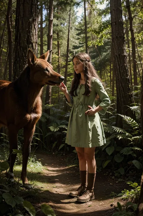 Illustration for a fairy tale about a girl, standing in the forest, who knows how to talk to animals