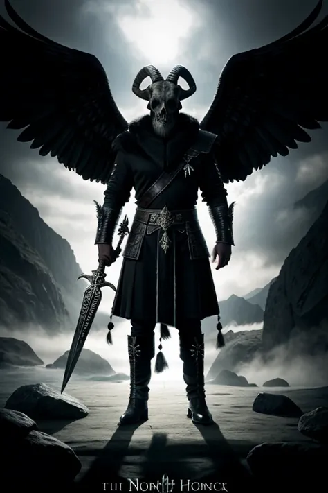 Skull with wings and horns like a goat and holding a weapon