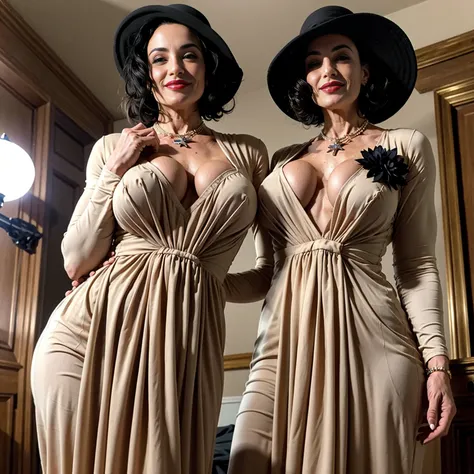 Lisa Ann, realistic,beautiful mature woman,looking at viewer,perfect lighting,(full body,standing,wide shot), lady dimitrescu,(wearing a beige dress),indoors castle background,large black hat, necklace,short hair,black flower on chest,red lips, amber eyes,...