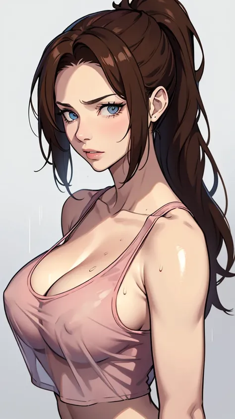 {8k image},  with intense rain，， 22-year-old russian girl，Raised sexy，drenched all over the body，clothes see-through:1.2,, E cup，Wet hair，The chest is huge, woman brown wavy hair and a ponytail. torn clothes. (pink summer tank top), damaged clothes, Cleava...