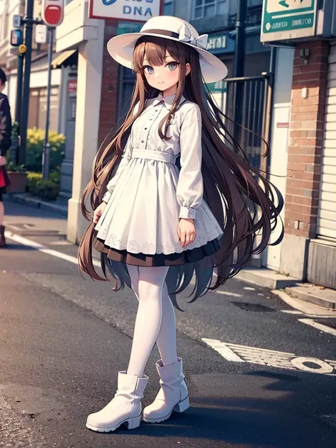 Highest quality,  detailed, High resolution,  Perfect Face, Long wavy brown hair, Standing outdoors, 10 year old girl,  She wears a long skirt, Wearing white pantyhose, She wears boots, Sharp focus, whole body, Wearing a white hat