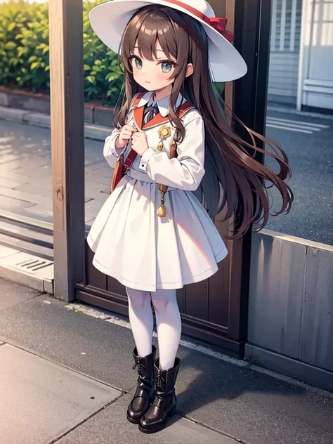 Highest quality,  detailed, High resolution,  Perfect Face, Long wavy brown hair, Standing outdoors, 10 year old girl,  She wears a long skirt, Wearing white pantyhose, She wears boots, Sharp focus, whole body, Wearing a white hat