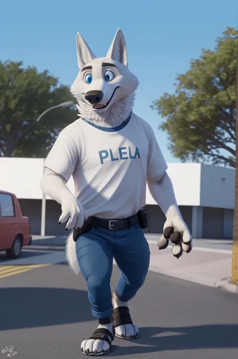 Gary (Zootopia), (white body:1.3), white fur, Blue eyes, Zootopia, dressed, t-shirt,jeans,leather strap sandals,thick sole doggy, wolf, detailed fur, male, antro, paw pads, finger claws, waving, waving at viewer, 5 fingers, paws, 4 toes,
BREAK from nextel,...