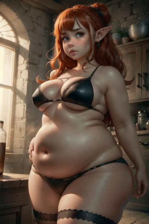 (Best quality), (high resolution), (detailed),1woman, chubby elf girl, dark fantasy, black underwear, ginger hair, hiding, black top, black strings