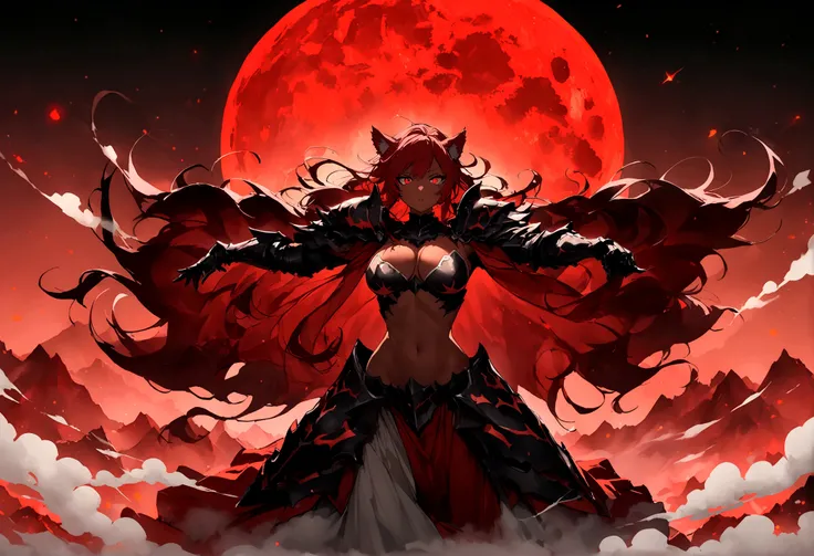 長い髪を持つbeautifulアニメ風の女性,(((Red Hair)))Long Wavy Hair,Transparent Hair,(((Highest quality)))Evil Eye,Frowning face,Extreme beauty,(((Red eyes))),Arrogant beauty,(((A well-defined, glamorous body)))((Huge bust))Tight waist,(((Bikini Armor)))黒色と赤色の際どいBikini Ar...