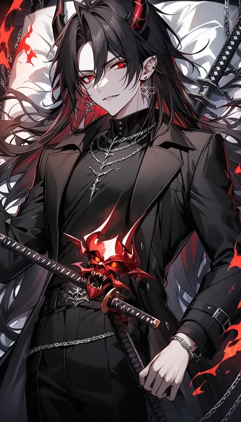 alone, good looking, 1 male, Long hair, Middle parted, Black hair, Red eyes, Black shirt, White Thailand, Black Trench Coat, Royal Silver Jewellery, Royal Demon Earrings, Black horns, Demon Crown, Demonic Katana, Chain, On Back, Demonic Black flames Aura, ...