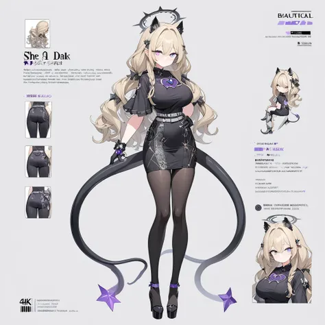 1 tall girl, long dark blonde hair, slim build, wavy hair with knee length curls, small face, sectoral heterochromia (one gray eye and one light purple eye), star ribbon on the right side of the hair, She has a short double braid on the left and right side...