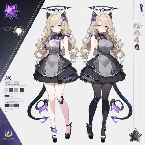 1 tall girl, long dark blonde hair, slim build, wavy hair with knee length curls, small face, sectoral heterochromia (one gray eye and one light purple eye), star ribbon on the right side of the hair, She has a short double braid on the left and right side...