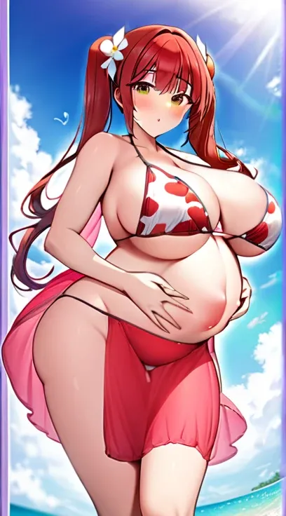 bikini,Big Breasts,Pregnant women,Pregnant belly,Multiple births,Red hair,Twin tails