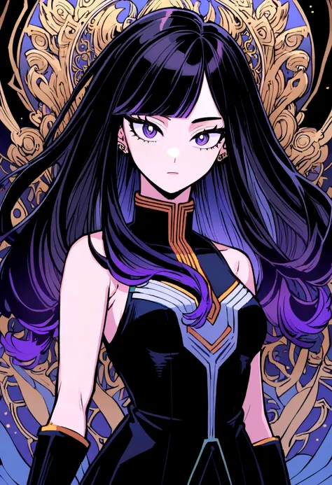 a pretty teenage girl with black hair with purple tips and loose hair bangs, with an all-black sleeveless and high-necked suit MY HERO ACADEMIA STYLE