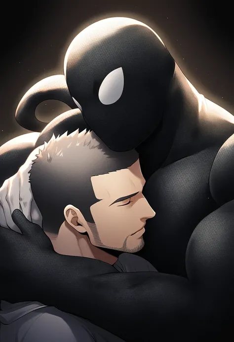 anime characters：priapus, He was kissed by black venom, He is wrapped in black tentacles, bundle, Wrapped in mucus, Affectionate embraces, Crazy kissing, Touching wantonly, Muscular Spider-Man, male focus, Upper body, Buzz Cut, aged leather texture, He wea...