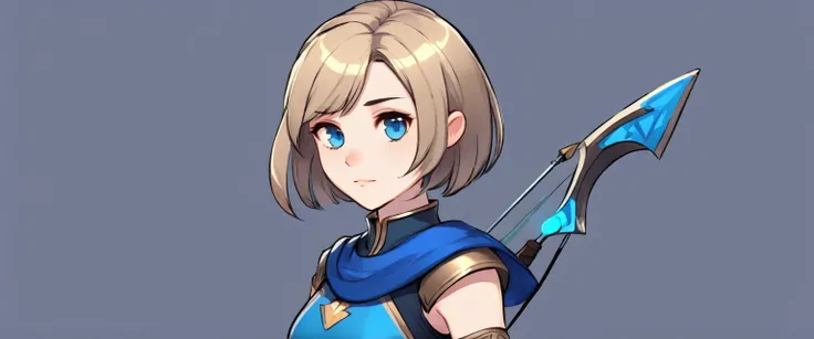 girl with dark blonde hair, bob hairstyle, wearing blue and black archer outfit, gold silver, girl, fair skin, glowing skin, 