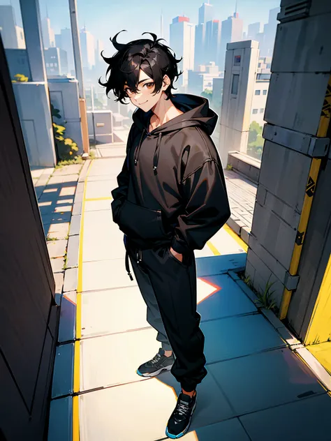 1male,black hair, sideswept hair, brown eyes, black and white hoodie, black baggy pants, smile, modern city. standing on path