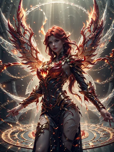 frontal, close up, floating in the air, ((1 woman, she is a fire fairy, alone, luminescent red hair, medium and shiny hair, thic...