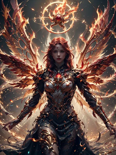 frontal, close up, floating in the air, ((1 woman, she is a fire fairy, alone, luminescent red hair, medium and shiny hair, thic...