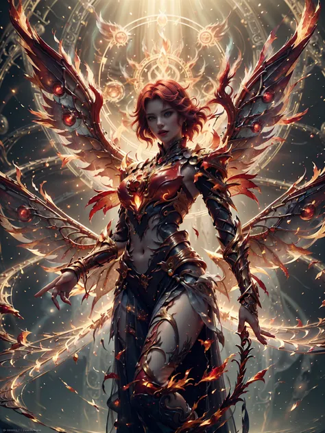 frontal, close up, floating in the air, ((1 woman, she is a fire fairy, alone, luminescent red hair, medium and shiny hair, thic...