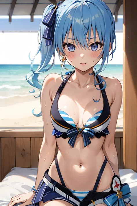 1girl, solo, detailed face, SuiseiSummer, side ponytail, hololive summer 2023 swimsuit, layered bikini, blue bikini, striped bikini, bikini shorts,nsfw,indoor