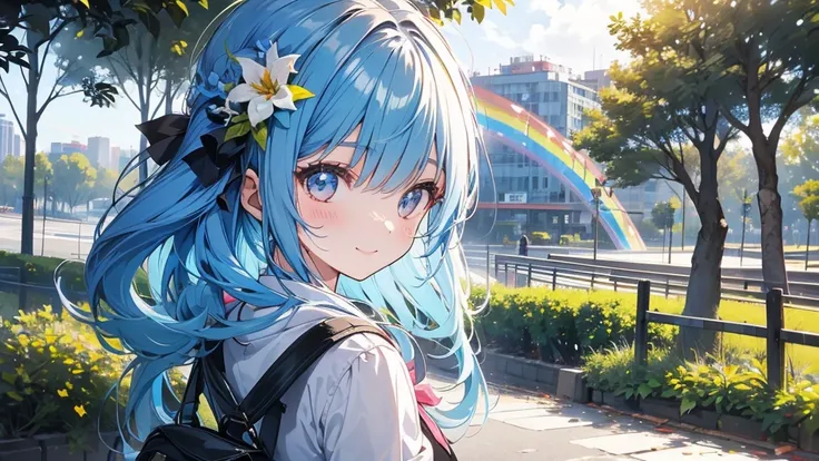 There is a girl in a park with a rainbow。Looking at me and smiling