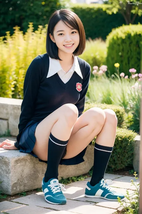 Pure young Japanese school girl, outstanding body, wearing uniform, socks, sneakers, no makeup, natural black hair styles, sexual attractive, (Panty), sweet smile, sitting in traditional garden, professional portrait photography,